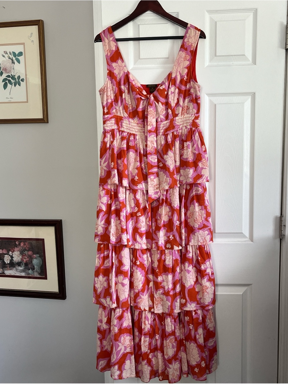 Anthropology Vineet Bahl Tiered Floral Midi Dress in Pink and orange